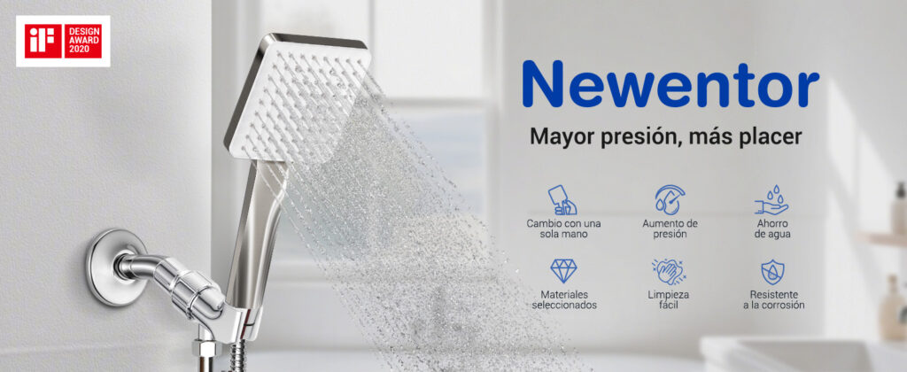 cabeça de chuveiro Newentor dourada alta pressão instalada na casa de banho