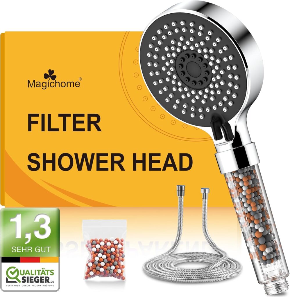 Magichome Alcachofra de duche de alta pressão com mangueira 2 m, 5 modos, filtro de 3 camadas, cabeça preta