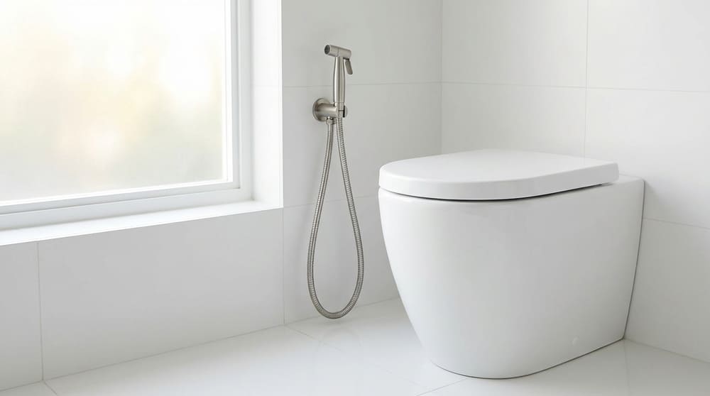 melhor chuveiro higiénico para sanita em aço inoxidável instalado em casa de banho moderna
