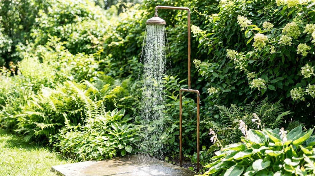 melhor chuveiro exterior para jardim e piscina instalado ao ar livre